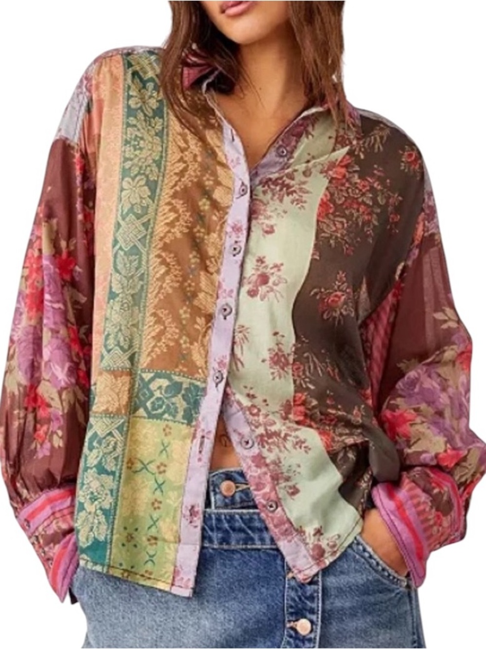 Free People Flower Patch Mixed Media Patchwork Button Down Floral Top Blouse XL - Picture 2 of 11